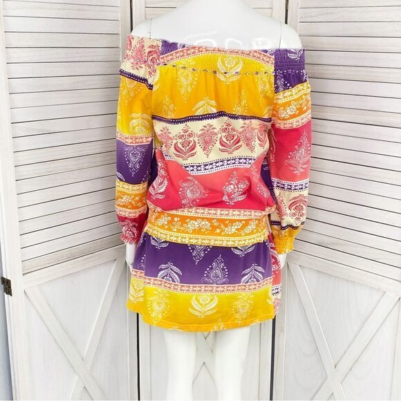 Joyous & Free Floral Damask Colorblock Tunic Dress Small Off Shoulder Smocked - Picture 5 of 13